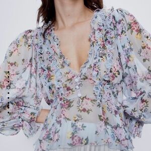 Zara Blue Floral Ruffle Blouse